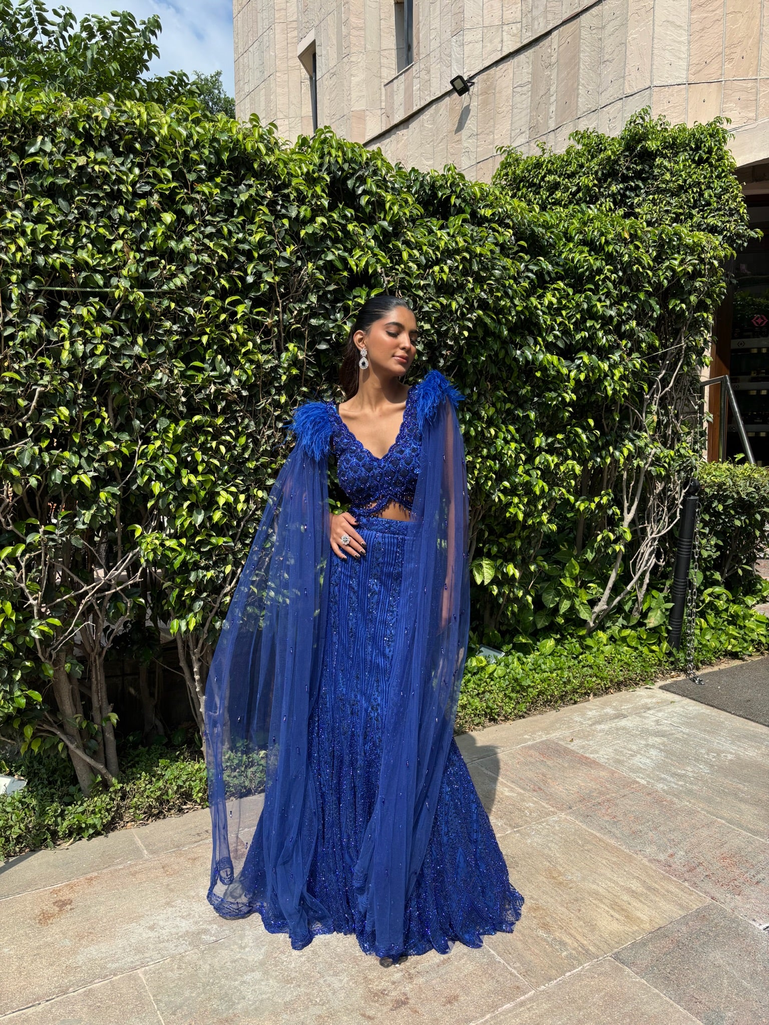 Royal Sapphire Feather-Cape Mermaid Lehenga