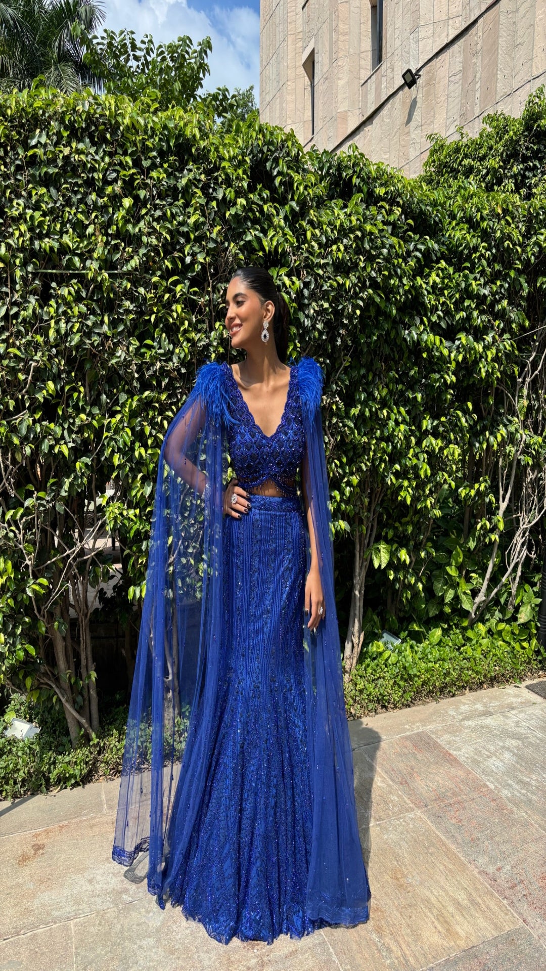 Royal Sapphire Feather-Cape Mermaid Lehenga