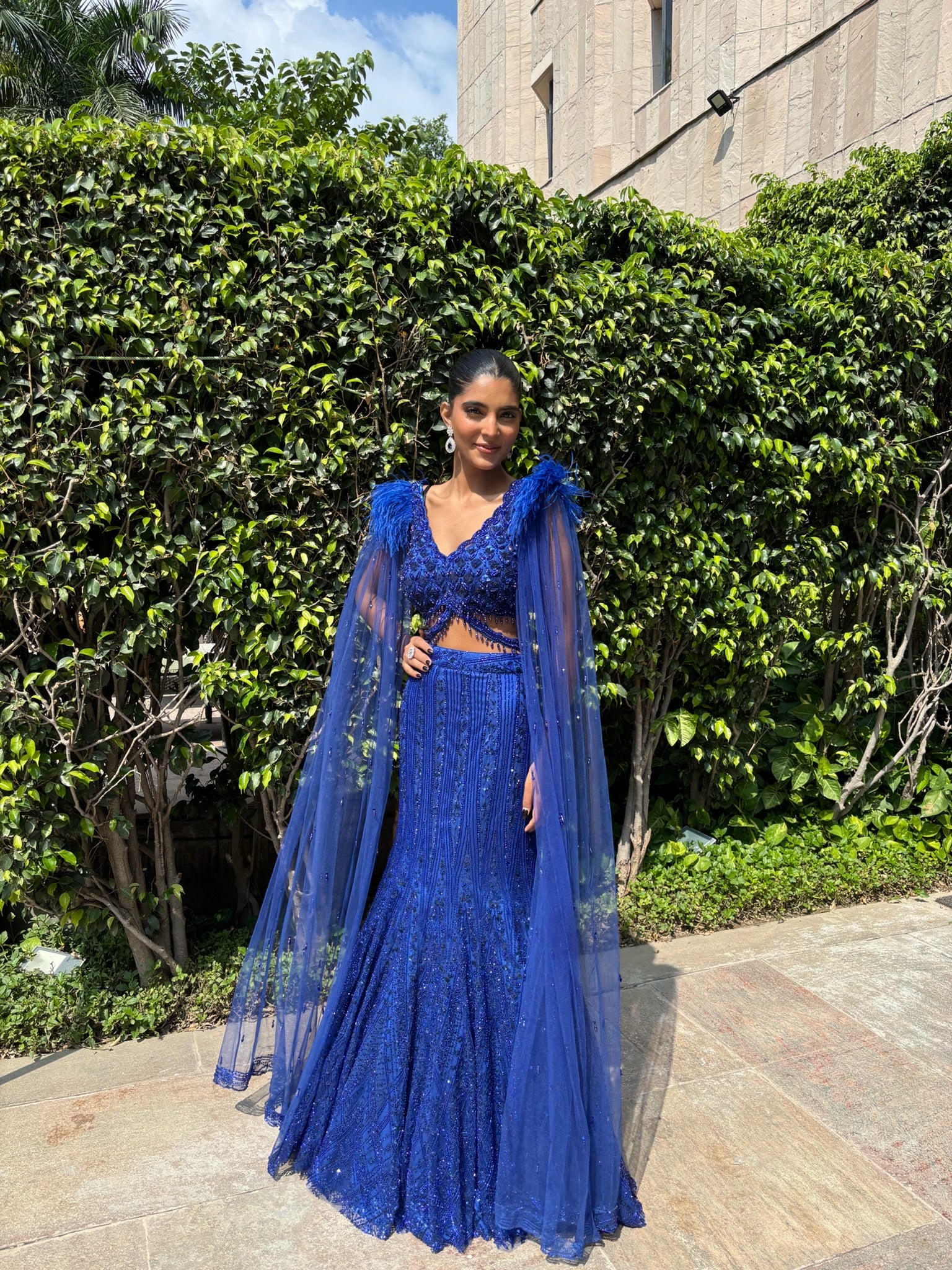 Royal Sapphire Feather-Cape Mermaid Lehenga