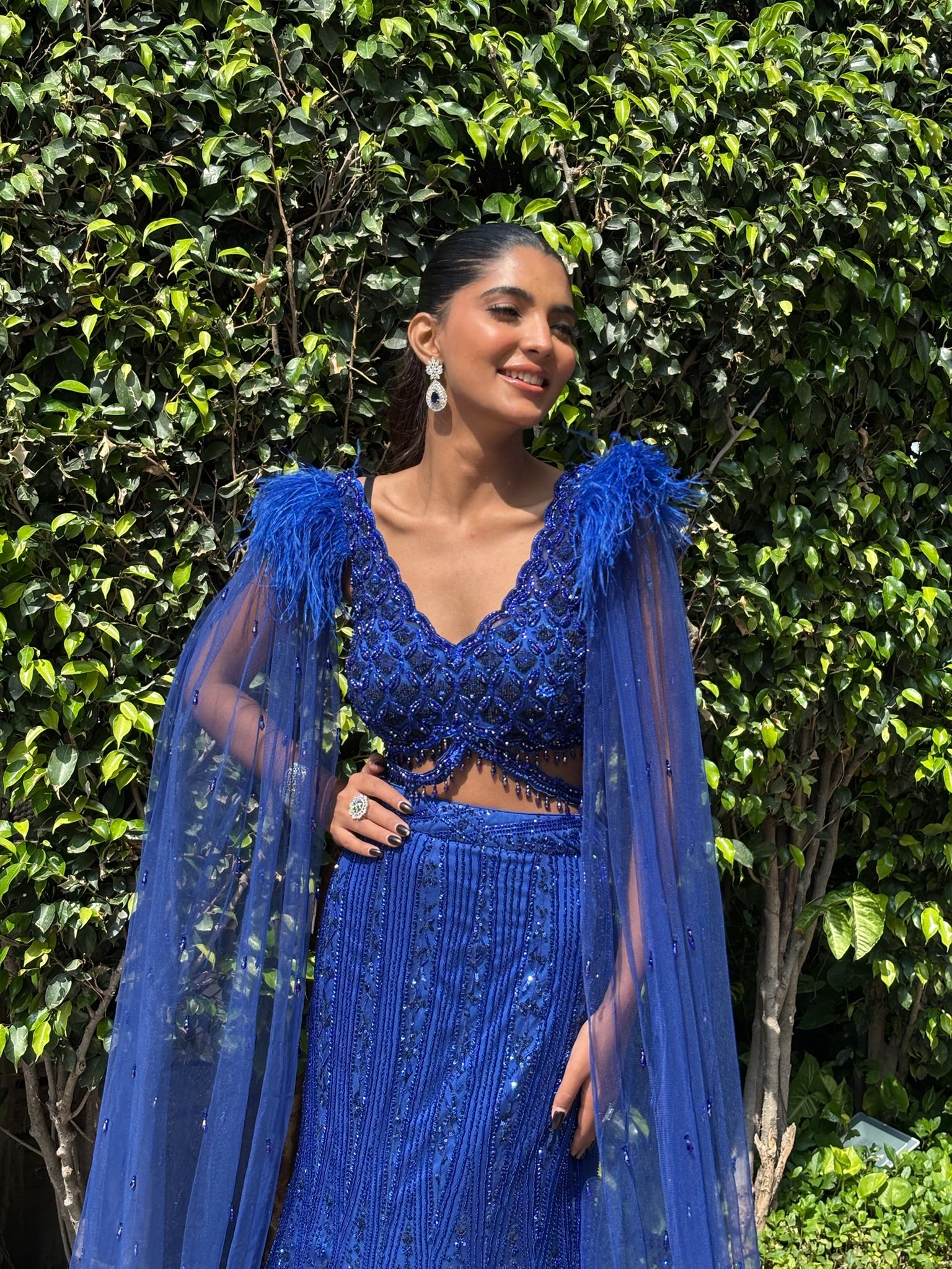 Royal Sapphire Feather-Cape Mermaid Lehenga