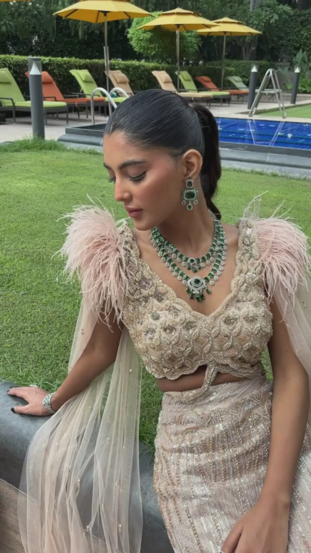 Golden Aura Feather-Cape Mermaid Lehenga