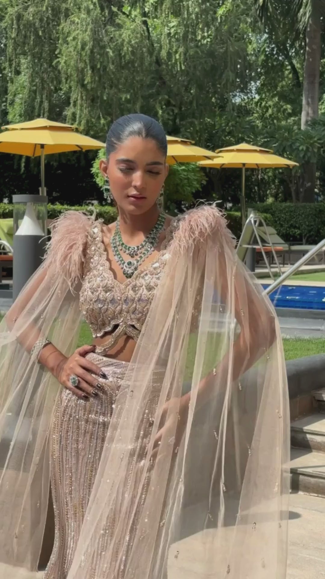 Golden Aura Feather-Cape Mermaid Lehenga